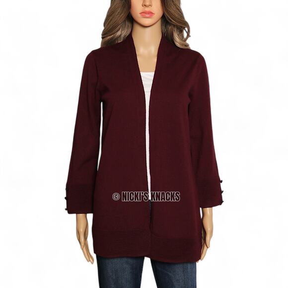 Evolution by Cyrus Myna Button Sleeve Open Cardigan Burgundy Knit Sweater Size S - Picture 2 of 10